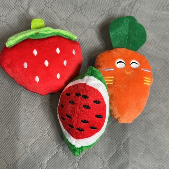 Vibrant Plush Dog Toy Set - Small to Medium Dog Watermelon, Strawberry, Carrot - Picture 2 of 4